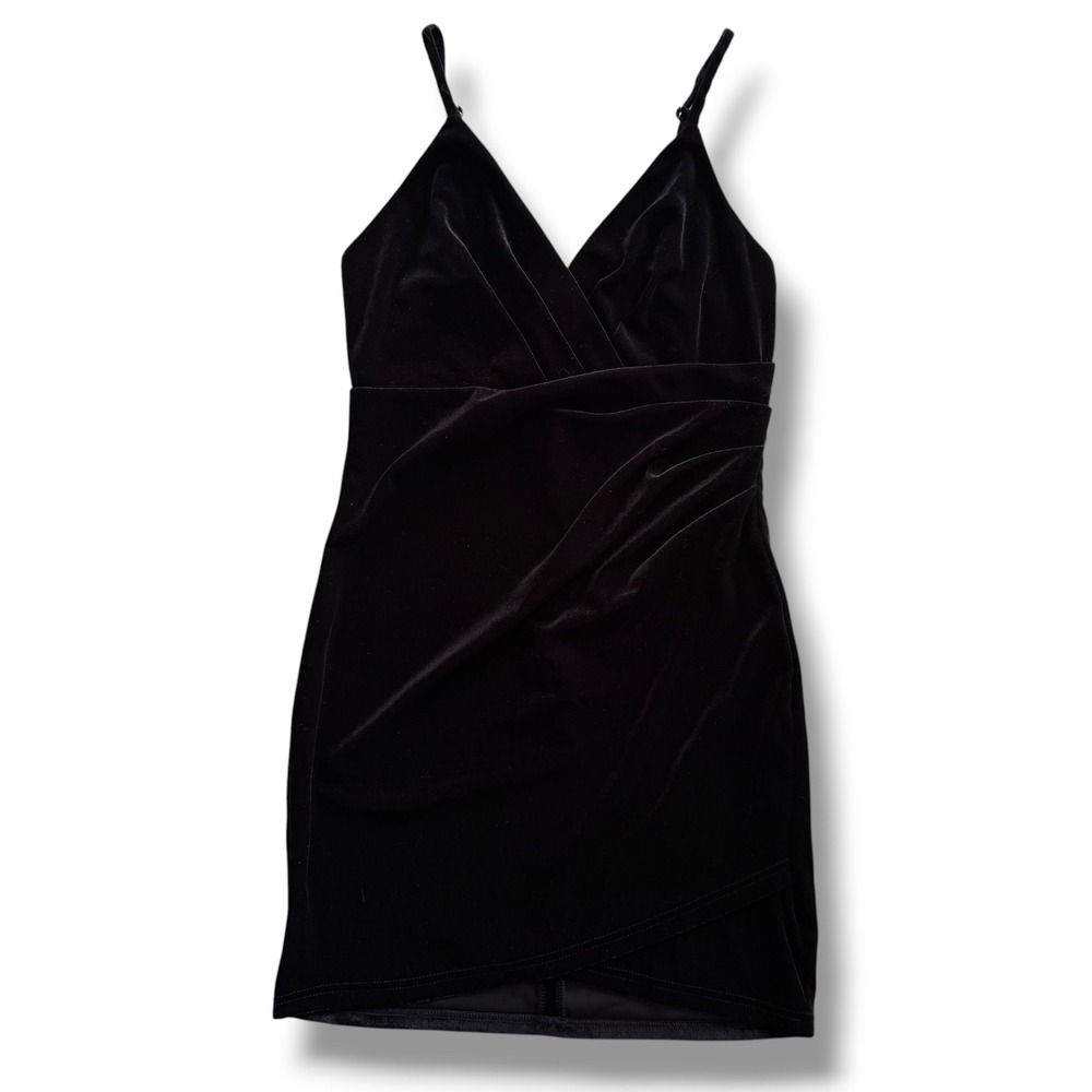 Blush & Day Sz S Black Velvet V-Neck Tulip Hem Ruched Mini Dress D4737 Glam Chic